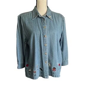 Vintage 2003 Denim embroidered Alphabet character button front Shirt. Size L